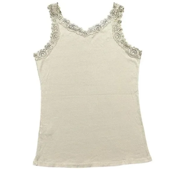 Vtg Y2K Lace Trimmed Tank Top Womens Sz XL Beige Fairycore Beaded Coquette Fairy - Picture 6 of 13